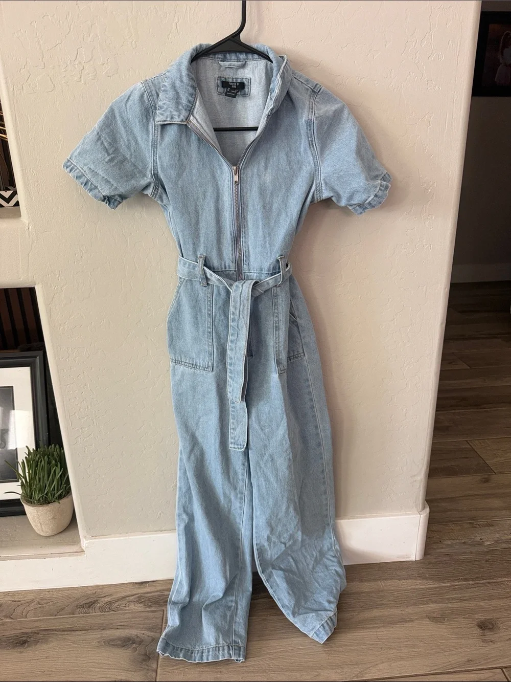 Forever 21 Light Blue Denim Zip-Front Maxi Dress with Belt